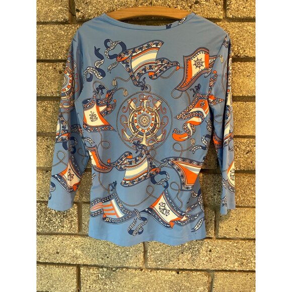 J.Mclaughlin Blue & Orange Nautical Print Top With 3/4 Sleeves Womens Size M - Picture 6 of 7